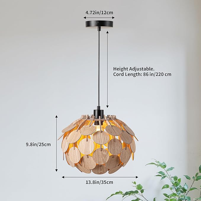 Vintage Wood Pendant Light Fixtures, Modern Farmhouse Walnut Dining Room Chandelier, Mid-Century Ceiling Mount Hanging Light Fixture for Kitchen, Bedroom, Living Room, Foyer, Art Decor, Black