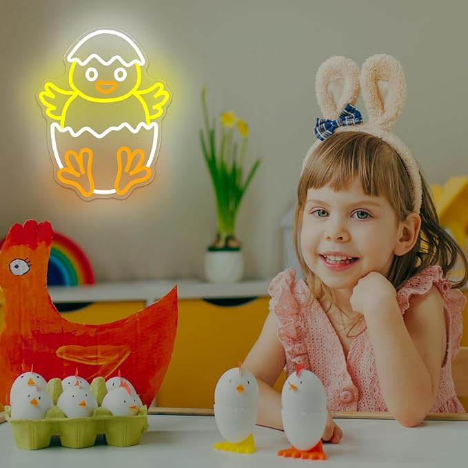 Easter Chicks Neon Sign Dimmable Baby Chicks Led Sign Little Chicken Breaking Out Of Eggshell Window Lights Easter Egg Spring Decorations Gifts For Kids
