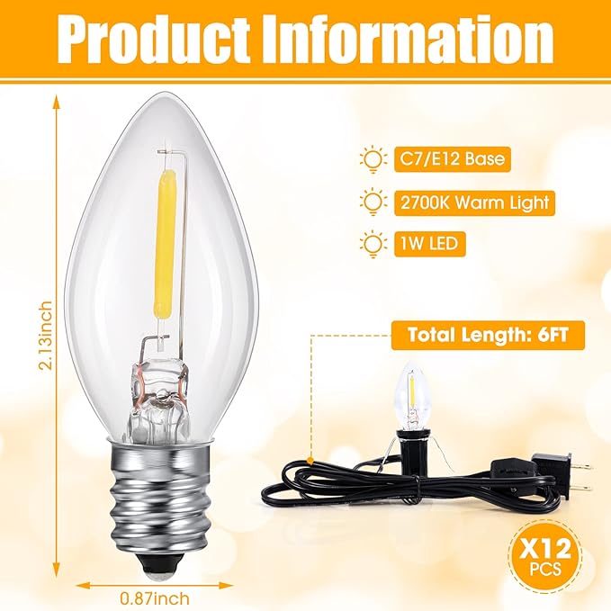 Coume 24 Packs Accessory Cord with LED Light Bulb, 6 Ft Warm Light Accessory Cord Kit (Black)