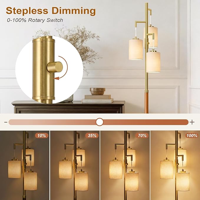 70" Dimmable Floor Lamp Wood Floor Lamps for Living Room Bedroom Mid Century Modern Floor Lamp Gold Standing Lamp Tall Lamps for Office Nursery Reading Elegant Stand Up Lamp, 3 Bulbs Included