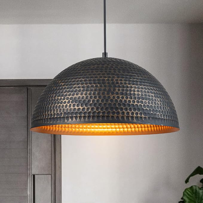 15.7 in. Black and Gold Hammered Pendant Light Fixtures, Industrial Metal Dome Shade, Pendant Lights Kitchen Island, Pendant Light for Kitchen Island and Dining Room