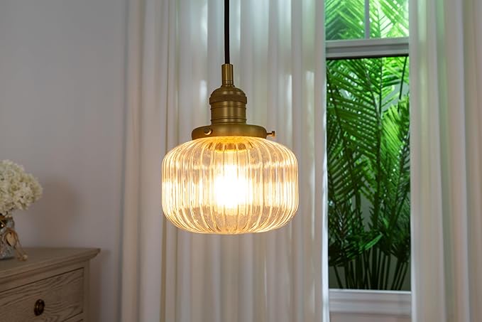 Yosoan Indoor Vintage Edison Hanging Pendant Light, 1-Light Hardwired Modern Vanity Light Industrial Semi Flush Mount Lamp Striped Ribbed Glass Shade for Kitchen Table Bar Island(Antique)