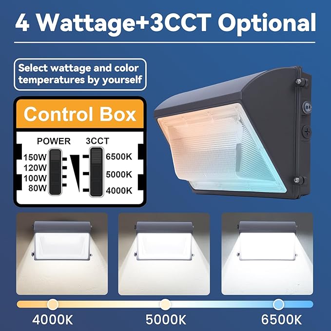 150W LED Wall Pack Light with Photocell 6Pack, 4000/5000/6500K 3CCT, 80/100/120/150W Selectable, Commercial and Industrial Outdoor LED Wall Lights for Parking Lot Warehouses, 100-277V, ETL Listed
