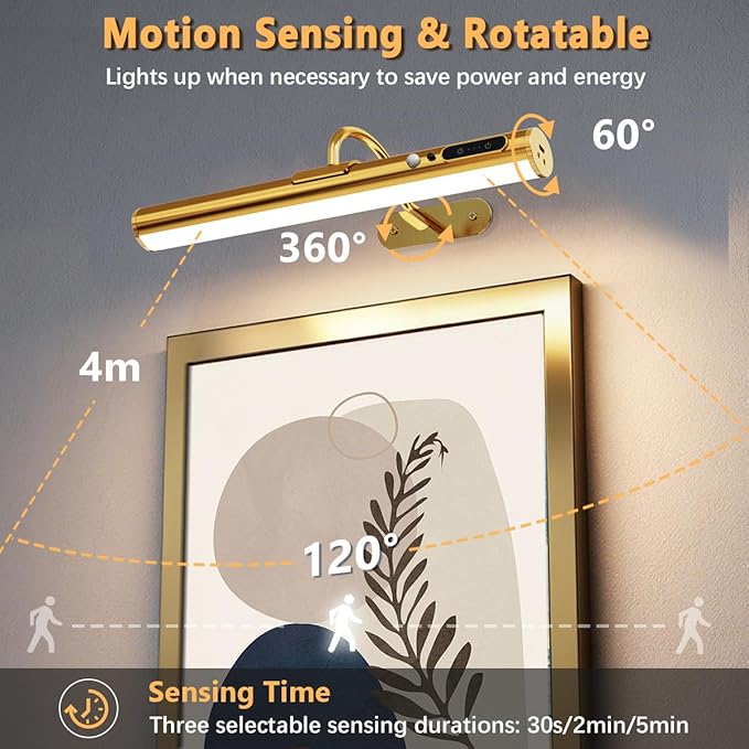 Motion Sensor Battery Operated Picture Light, Wireless Rechargeable Magnetic Art Wall Sconce with Remote Control, LED Picture Frame Lighting for Paintings Poster Mirror Portrait Gallery Dart (Brass)