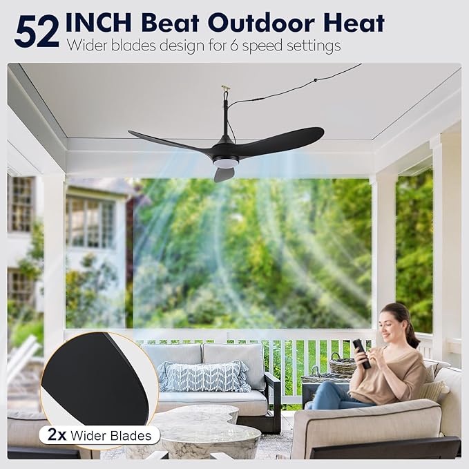52 inch Outdoor Ceiling Fan with Light Waterproof - Plug in Hanging Hook for Patio, Porch, Gazebo - Wet Rated Weatherproof Exterior Black 3 Blades Ceiling Fan with Remote