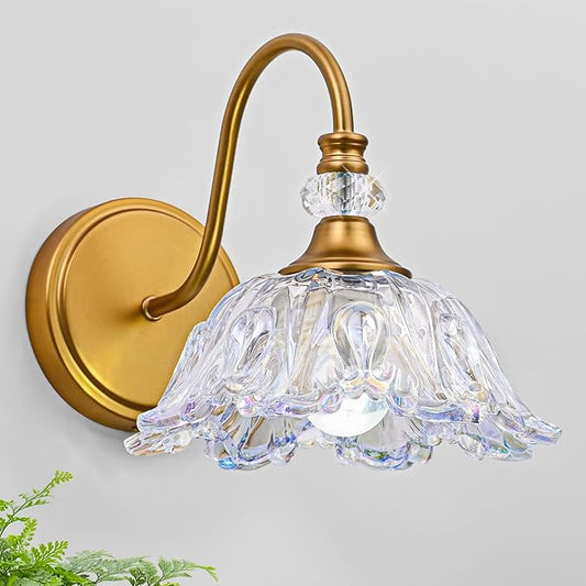 1 Piece Vintage Wall Sconce with Floral Rainbow Glass Shade, Matte Brass Finish Wall Mount Lighting for Bathroom,Vintage Bathroom Vanity Light Fixtures