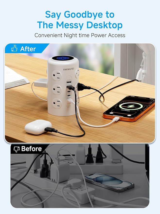 Tower Power Strip with 1 Dedicated PD 20W Fast-Charging Port, 12 Outlets, 5 USB Ports (3 USB-C), 1800J Protector, Desk Charging Station for Multiple Devices,15FT Extension Cord, Home Office Essentials