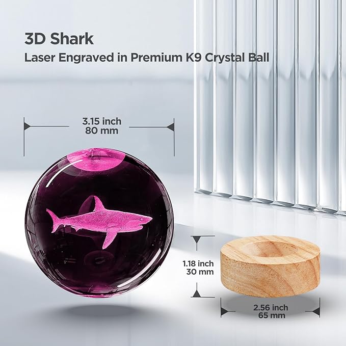3D Shark Crystal Ball Night Light with Remote Lifelike 3.15 In Shark Sea Animal Glass Ball Lamps with 16 Color LED Wooden Base for Birthday Holiday, Cool Shark Toy Room Decor Gifts for Boys Girls Kids