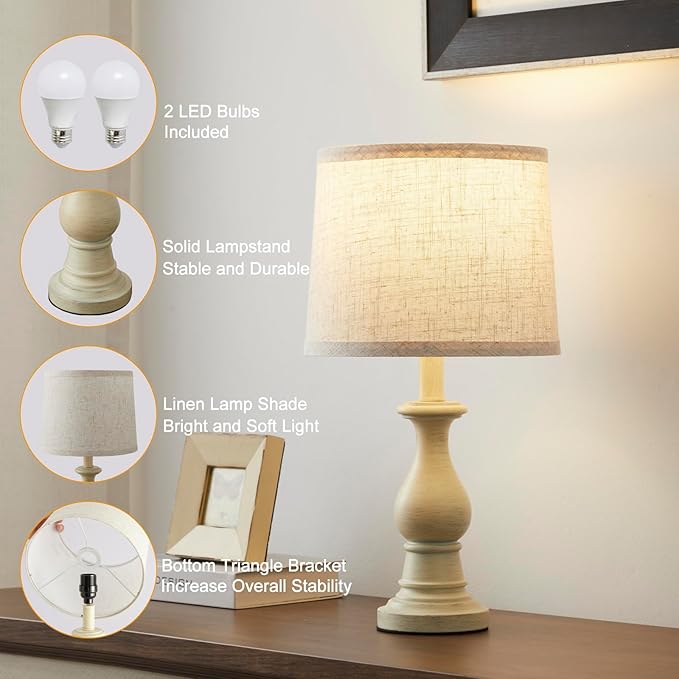 Vintage Table Lamp for Living Room Bedroom, 18.5" Farmhouse Bedside Lamps Nightstand Lamp Set of 2, Table Lamps with Oatmeal Linen Lamp Shades, 2 LED Bulbs Included, Beige