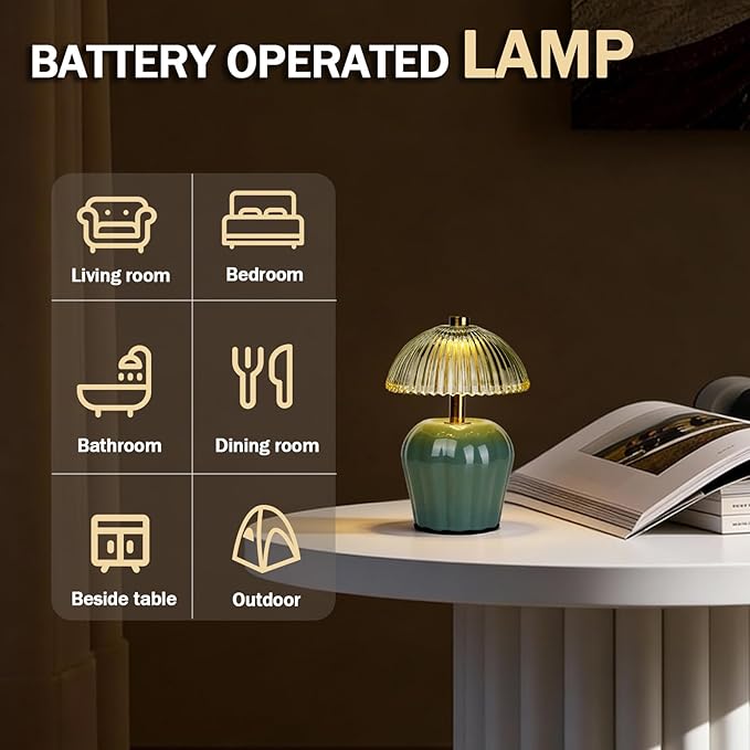 MJ PREMIER Small Cordless Lamp, Battery Operated Lamp with Timer, Mini Crystal Glass Mushroom Lampshade, Cute Small Table Lamps, Decorative Led Light for Bedroom Living Room Shelf (Green)