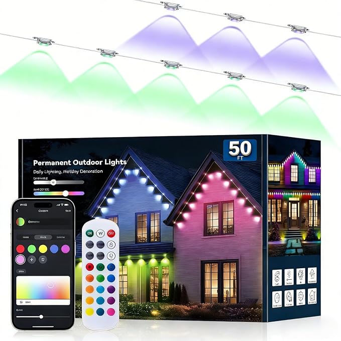 50FT Permanent Outdoor Lights -RGB Eaves Lights with App Control Remote,DIY Scene Modes IP67 Waterproof Outside LED Light for Christmas, Holiday, Daily, House Roof Eternity Lighting