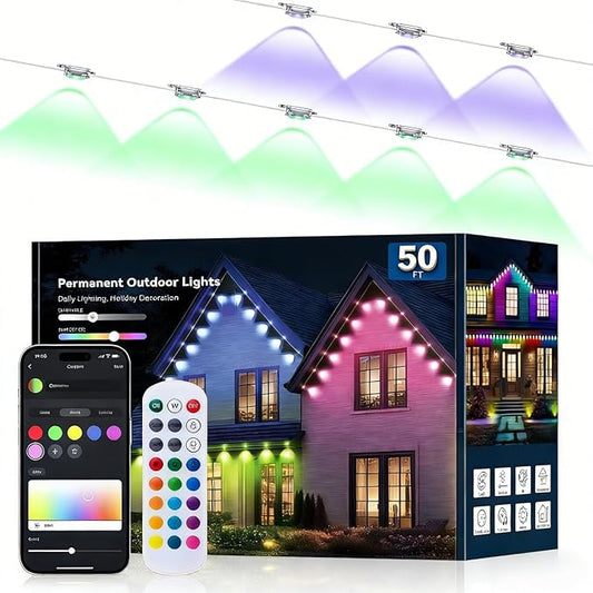 50FT Permanent Outdoor Lights -RGB Eaves Lights with App Control Remote,DIY Scene Modes IP67 Waterproof Outside LED Light for Christmas, Holiday, Daily, House Roof Eternity Lighting