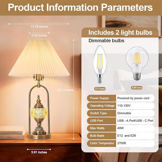 beaysyty Vintage Mosaic Table Lamp Set of 2, 25.2 Inch Decorative Bedside Lamps with Pleated Shade, USB Charging Ports, Colored Glass Globe Night Light, Bronze Gold Finish and Beige Lampshade