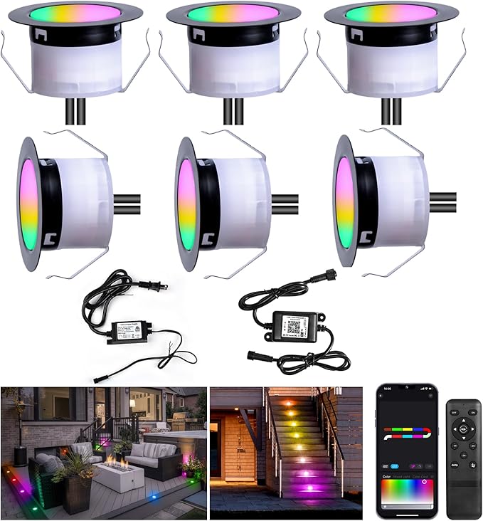 FVTLED Recessed LED Deck Lights Kit, Φ1.77 Low Voltage WiFi Pixel RGBW+IC Deck Lighting Work with Alexa/Google Home, IP67 Waterproof Outdoor Step Lights DC12V for Garden,Steps,Stair(6 Pack, Black)