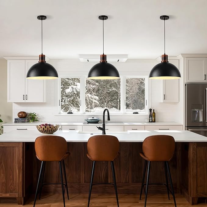 Modern Solid Wood Pendant Lights,15.7" Hammered Metal Shade,Black Finish Hanging Lighting Lamp Industrial Dome Ceiling Light Fixtures for Kitchen Island, Farmhouse, Dining Room