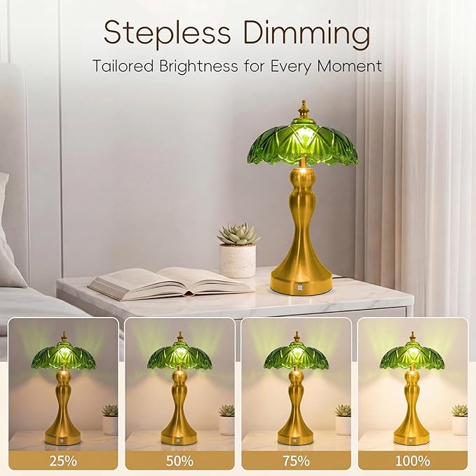Cordless LED Table Lamp with Glass Shade, 3-Level Brightness & 3 Color Temperatures Touch Control, Rechargeable Portable Bedside Lamp for Nightstand Bedroom Living Room (Green)