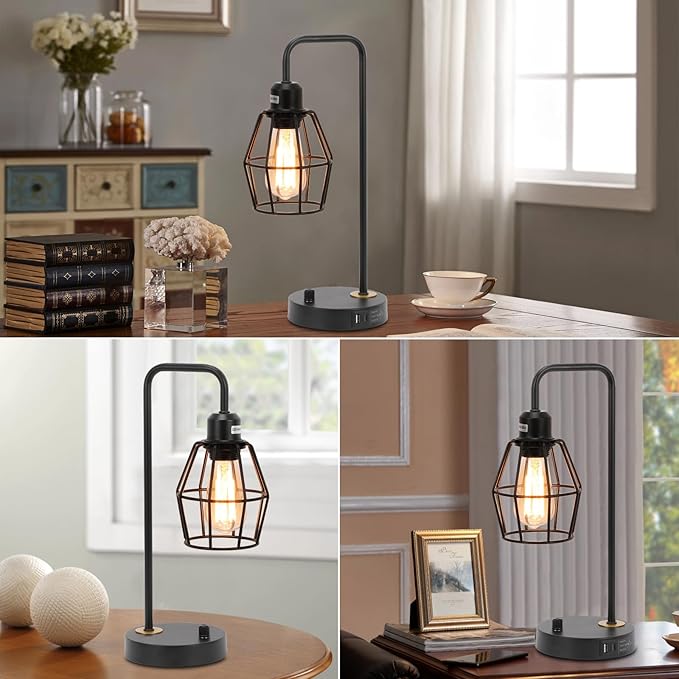 Industrial Dimmable Table Lamps, Modern Black Bedside Lamp with USB A+C Outlet Charging Ports, Farmhouse Lamp with Metal Cage Shade for Bedroom, Office, Living Room, Bulb Included