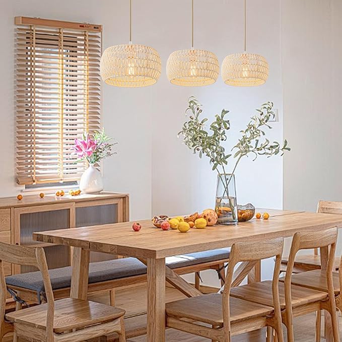 Rattan Pendant Light Fixture,Basket Chandelier Hanging Lights,Cream White Boho Drum Lighting Flush Mount Ceiling Lights Woven Wicker Chandeliers for Kitchen Dinning Room Hallway Bedroom