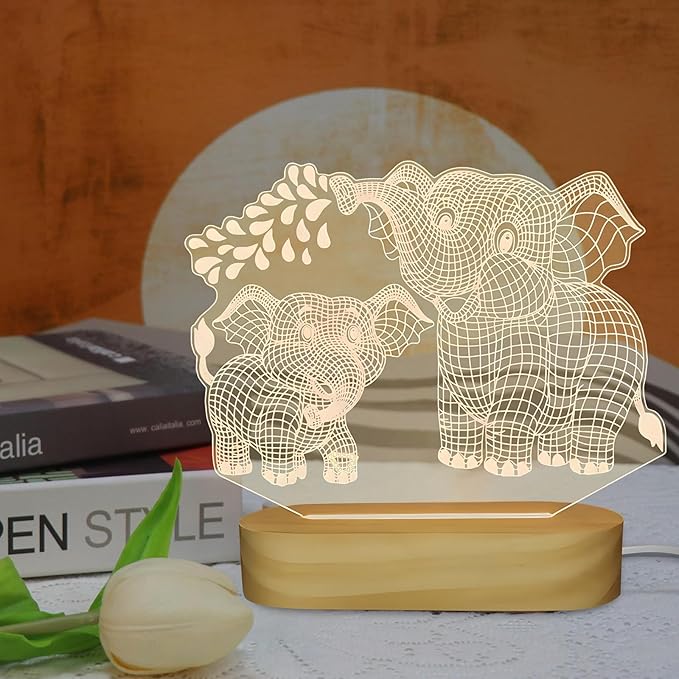 Elephant Shape 3D Crystal Acrylic Light with Wood Stand, LED Night Light for Kids Room Decor, Gift for Mom on Birthday or Holiday, Home Decor Art Display