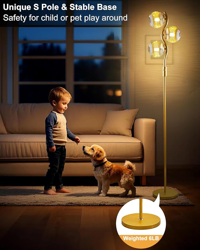Lightdot 60IN Dimmable Gold Floor Lamp with 3 Glass Globe Mid Century Standing Lamps with 3Pcs 3000K Bulbs Included Stepless Brightness Adjustable Modern Tall Lamp for Bedroom/Sofa Beside/Corner Decor