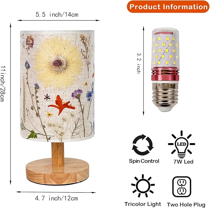 Dried Flowers Table Lamp,5w Led 3-Color Pressed Floral Beside Lamp,Cute Vintage Linen Shade Desk Lamp for Bedroom Office with Wood Base