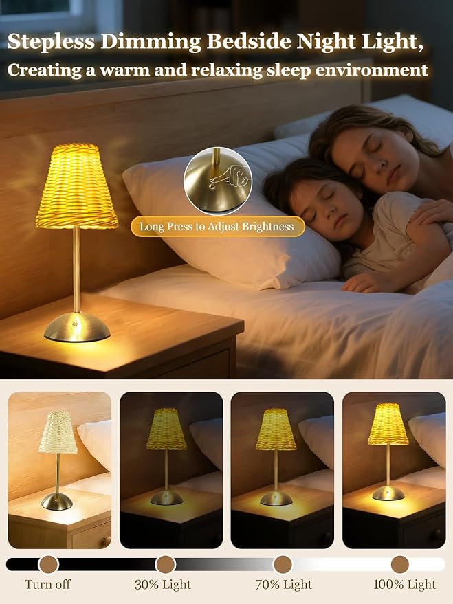Boho Rattan Table Lamp, Cordless Wicker Woven Vintage Table Lamp - LED Rechargeable Touch Control 3 Color Dimmable Reading Bedside Lamp for Bedroom Living Room Office, Home Outdoor Decor (White-2)