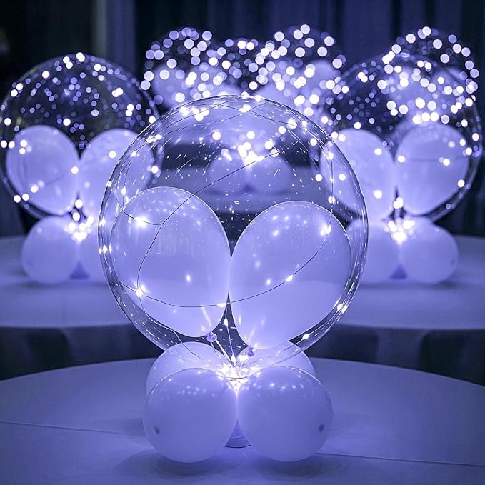 LED Light up Bobo Party Balloons kit 12 Pack-Clear 22 inchs white with Cell Batteries Included Great with Helium or air (cold white, 12 pack)