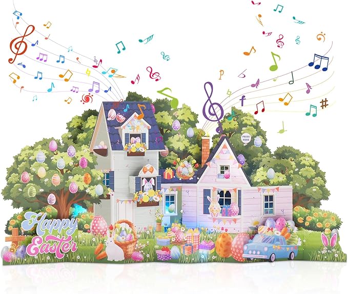Pop Up Easter Cards, 3D Jumbo Easter House Greeting Card with Lights & Music, Giant Happy Easter Bunny Eggs Scene Card Keepsake Gift for Kids Family Friends Spring Holiday Celebration