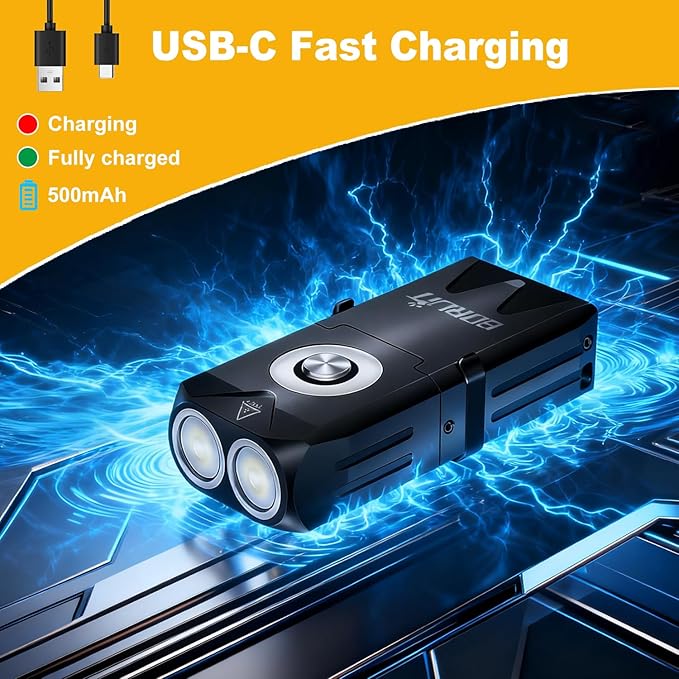 BORUIT EV25 Mini Flashlight with Clip, Small Flashlights Powerful 650 Lumens Bright, USB C Rechargeable - EDC Keychain Flash Light with Magnetic, Red and Green Blue Lights for Home Camping Running