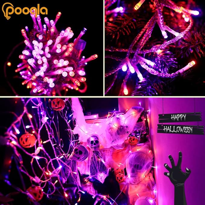 Pooqla Halloween Lights, 66 ft 200 LED Indoor Outdoor Halloween String Lights Plug in, Connectable 8 Modes Clear Wire Twinkle Fairy String Lights for Xmas Tree Decoration Clear wire, Orange and Purple