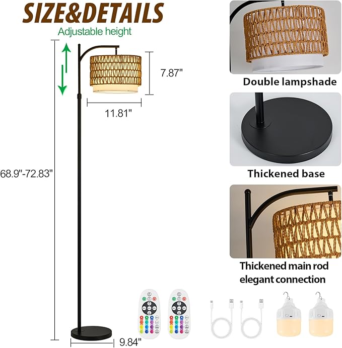 Dual-Shade Boho Floor Lamp with Rattan & Fabric - 2X Bright Dual-Bulb System, Cordless Operation & Weighted Base for Stability Modern Lighting for Bedroom/Office, No Wiring Needed
