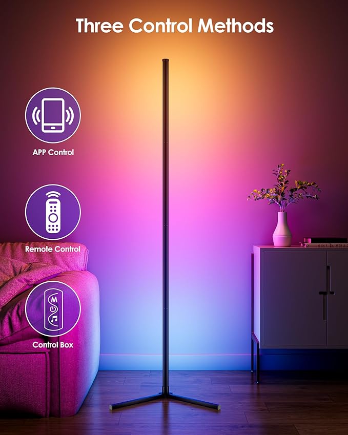 65" Smart RGB Floor Lamp with App/Remote Control, Color Changing LED Corner Lamp with Music Sync & Timer, Corner Lighting for Living Room, Bedroom, Gaming Room