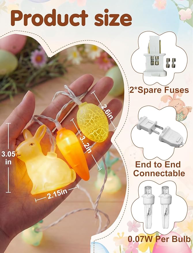 Easter Rabbit Carrot Egg String Lights, 12Ft 20 LED Multicolored Bunny Carrot Easter Egg Fairy Lights, Plug in Spring Decor for Indoor Outdoor Home Bedroom Garden Party Decorations