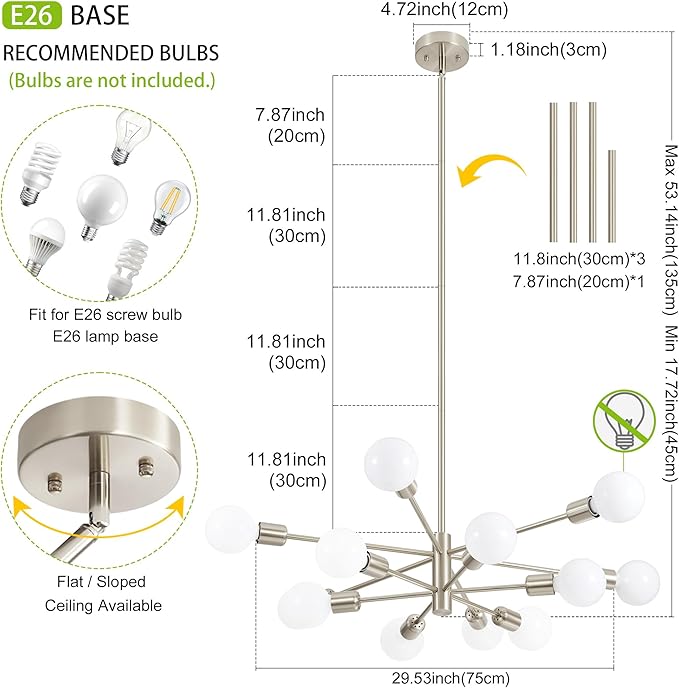 Sputnik Chandelier Modern Brushed Nickel Chandeliers 12-Light Mid Century Ceiling Lighting Fixture for Living Room, Kitchen, Bedroom, Dining Room, and Farmhouse