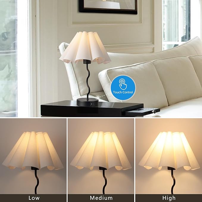Pleated Table Lamp, Table Lamp for Bedroom, Bedside Lamps for Nightstand with Linen Lampshade, Modern Lamp for Bedroom Home Office Decor, Black