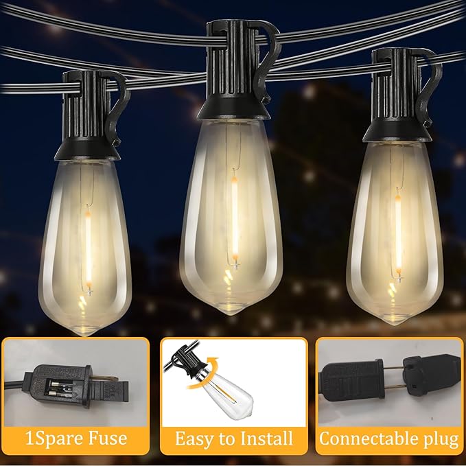 20FT LED Outdoor String Lights,Edison Lights Outdoor String with 22 Shatterproof ST40 Vintage Edison Bulbs,Outside Lights Waterproof for Outside Backyard Porch,Garden,Black