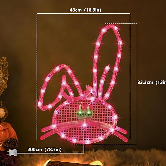 17" 40LED Lighted Pink Bunny Easter Decor, Soft Warm Glow for Window, 120V Plug-in, UL Certified, Beautiful Gift Box Packed