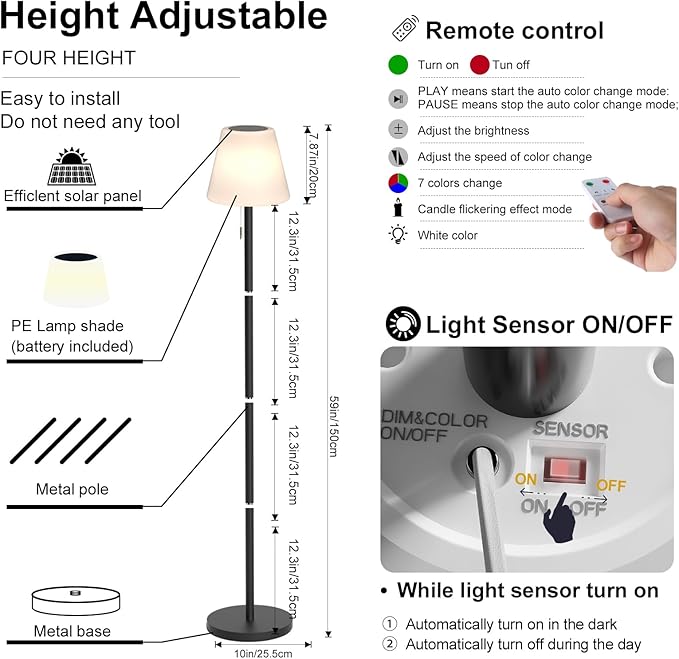Outdoor Floor Lamp Solar/USB Charging Outdoor Lamps for Patio Waterproof Cordless Floor Lamp Rechargeable Patio Lamp with Light Sensor,Dimmable Warm White+RGB LED Ambient Light for Yard Garden.