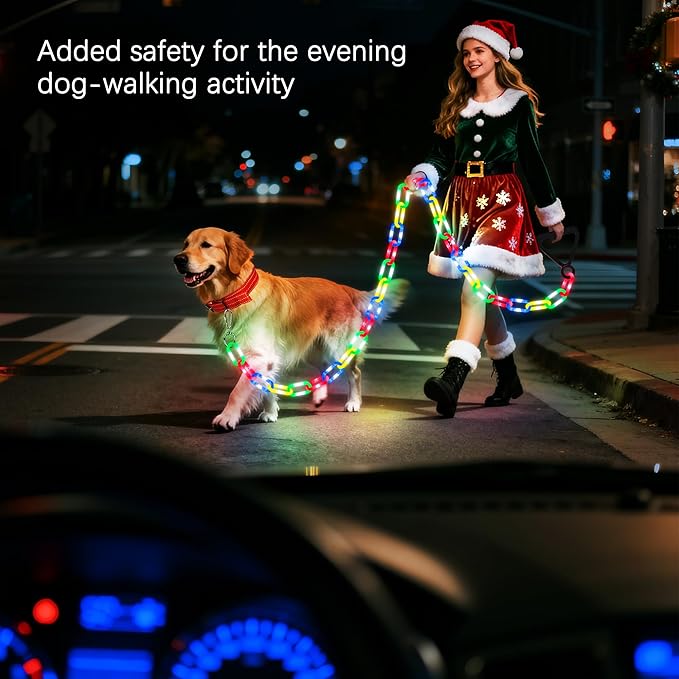 Joomer 6FT Light-Up Dog Leash for Night Walking, 60 LED Battery Operated Dog Chain Lights with 8 Modes & Timer, Glow Leashes with Secure Handle for Small to Large Pets (Multicolor)