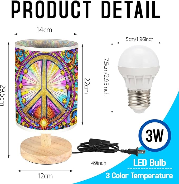 Hippie Table Lamp LED 3-Color Pressed Bedside, Hippie Shade Lamp with Wood Base for Bedroom Living Room Desk Office TL01