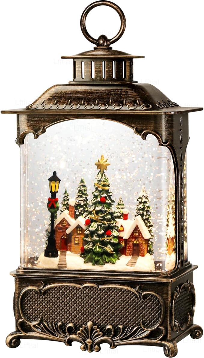Christmas Snow Globes Lantern, Lighted Christmas Decorations Indoor for Home with Music Timer Glitter, Forest House Scene Musical Snowglobe Festival Gifts, USB & Battery Operated
