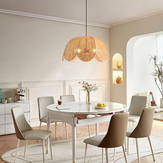 3-Light Rattan Pendant Light Fixtures,18.9" Boho Natural Rattan Hanging Lamp,Hand-Woven Flower Shaped Ceiling Chandelier for Dining Living Bedroom Kitchen Farmhouse