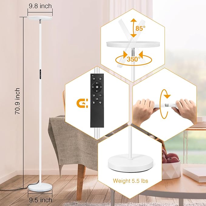 OUTON Floor Lamp, 30W/3000LM LED Modern Torchiere Sky Lamp, Bright Dimmable Standing Tall Lamp with 4 Color Temperatures, Remote Touch Control, 1 Hour Timer for Living Room Bedroom Office, White
