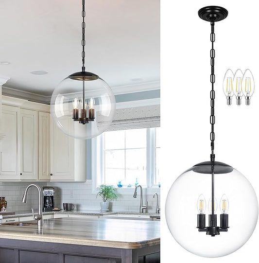 KoKo&Yukina 13.7" Black Globe Pendant Light Mid Century Pendant Light Clear Glass Pendant Lights Kitchen Island Adjustable Hanging Light Fixture for Dining Room Bedroom Kitchen Island