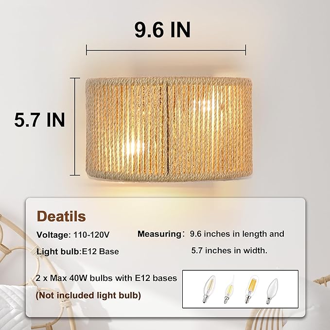 Rattan Wall Sconce Boho Wall Light Fixture Hand Woven Wall Mounted Lamp for Bedroom, Staircase, Aisle, Porch, Dia 9.7 Inch