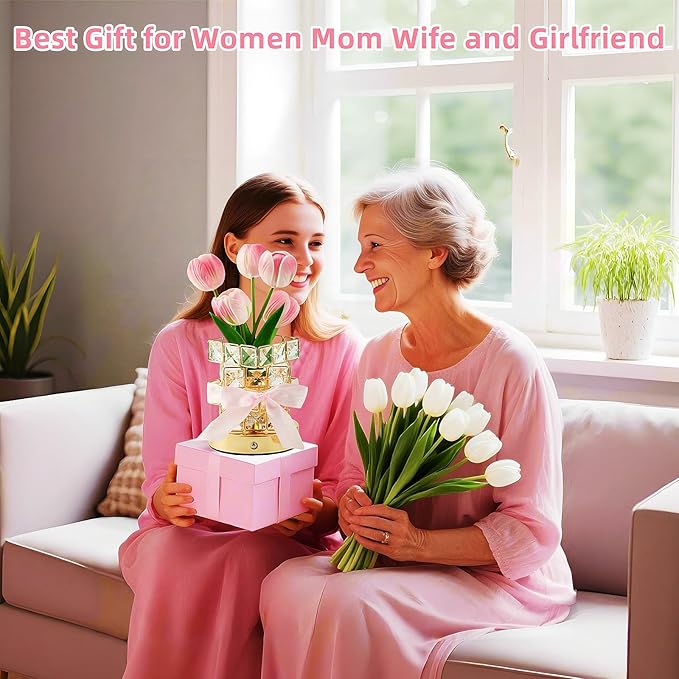 Tulips Flower Lamp,Rechargeable Cordless Touch Table Lamp for Bedroom,3-Colour Dimming Small Night Light,Crystal Bedside Lamps with USB Charge,Birthday Valentine's Day Gifts for Women,Mom,Wife