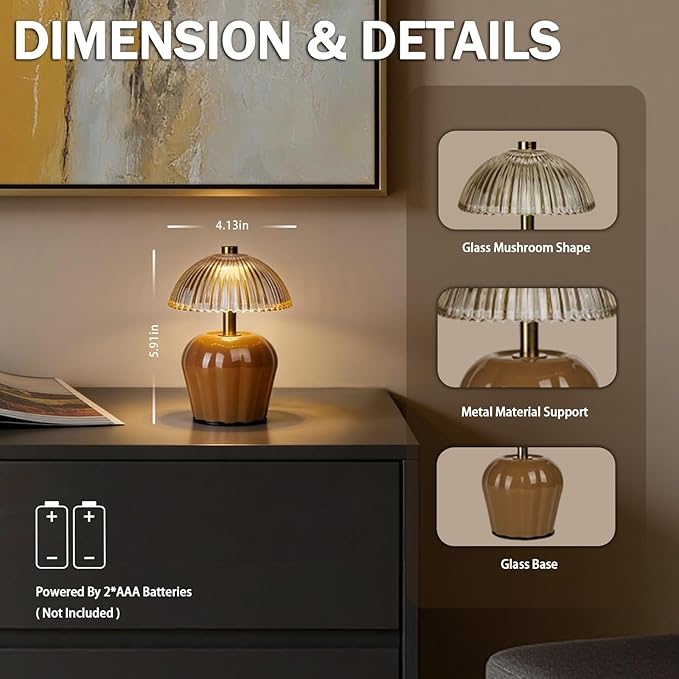 MJ PREMIER Small Cordless Lamp, Battery Operated Lamp with Timer, Mini Crystal Glass Mushroom Lampshade, Cute Small Table Lamps, Decorative Led Light for Bedroom Living Room Shelf (Brown)