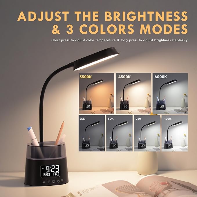 Led Desk Lamp for Home Office, Touch Table Lamp with Pen Holder, 3 Color Modes Stepless Dimmable Reading Light, Gooseneck Lamp for Dorm Room, Bedside Study Light with Clock for Kids, Girls, Boys