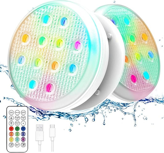 Pool Lights, Rechargeable Submersible Led Lights with Remote, Built-in Magnet 16 Color Changing Floating Lights, IP68 Waterproof Underwater Lights for hot tubs, Pool Decor(2 Pack)