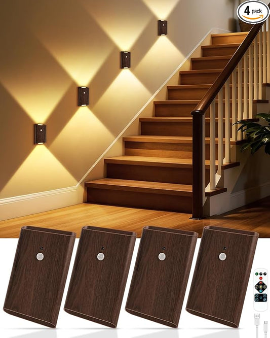 4 Pack Rechargeable Motion Sensor Wall Sconce – 5000mAh Wireless Battery Operated Wall Light Indoor, 3 Colors Up/Down Lighting Magnetic Night Light with Remote Control for Bedroom, Hallway (Walnut)